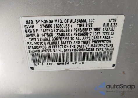 2009 Honda Ridgeline Rt from USA, damaged, VIN 5FPYK16299B103225